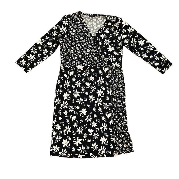 Talbots Womens Dress Sz MP Black White Floral Faux Wrap V-Neck 3/4 Sleeves - Picture 1 of 8